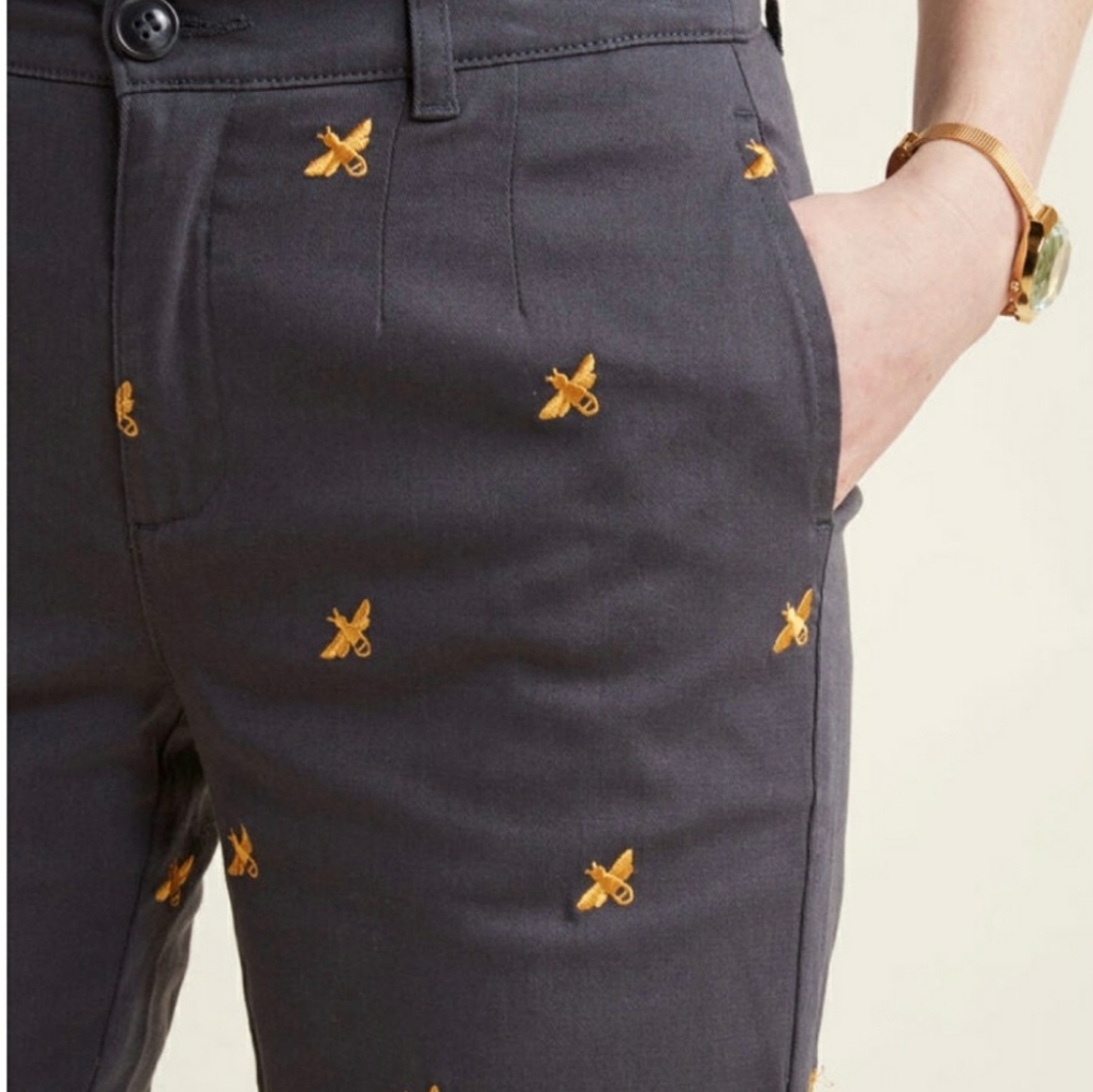 Modcloth Charcoal Pants with Yellow Embroidered Bees